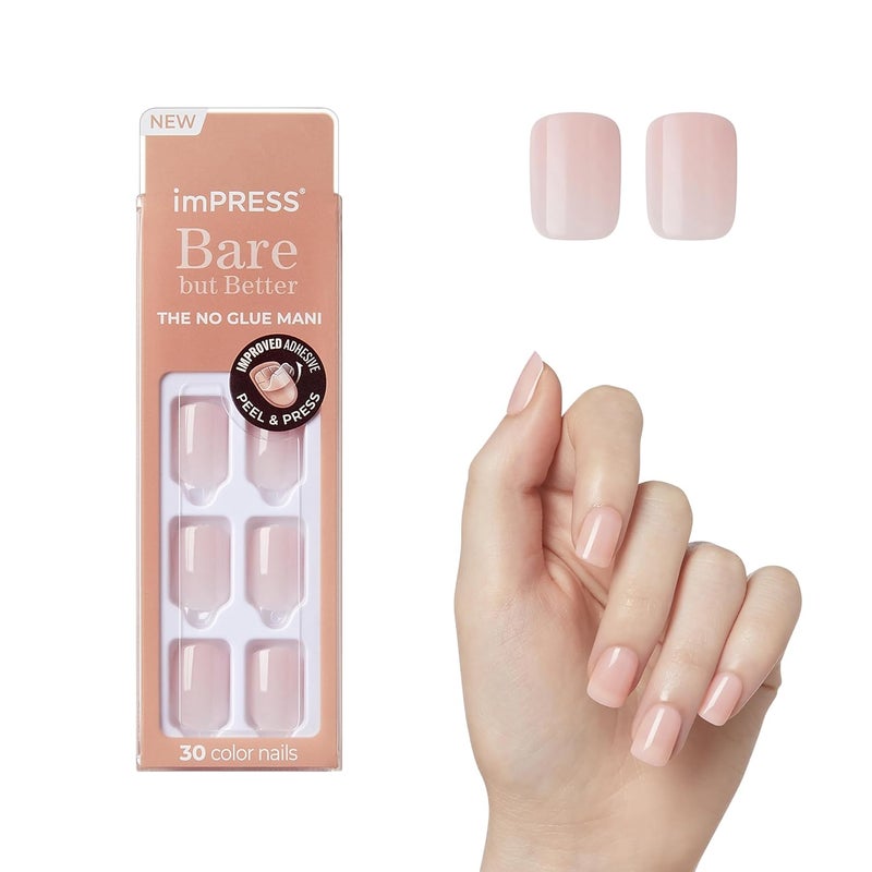 Impress KISS No Glue Mani Press On Nails, 'Instinct', Light Pink, Short Size, Squoval Shape, Includes 30 Nails, Prep Pad, Instructions Sheet, 1 Manicure Stick, 1 Mini File - Image 1